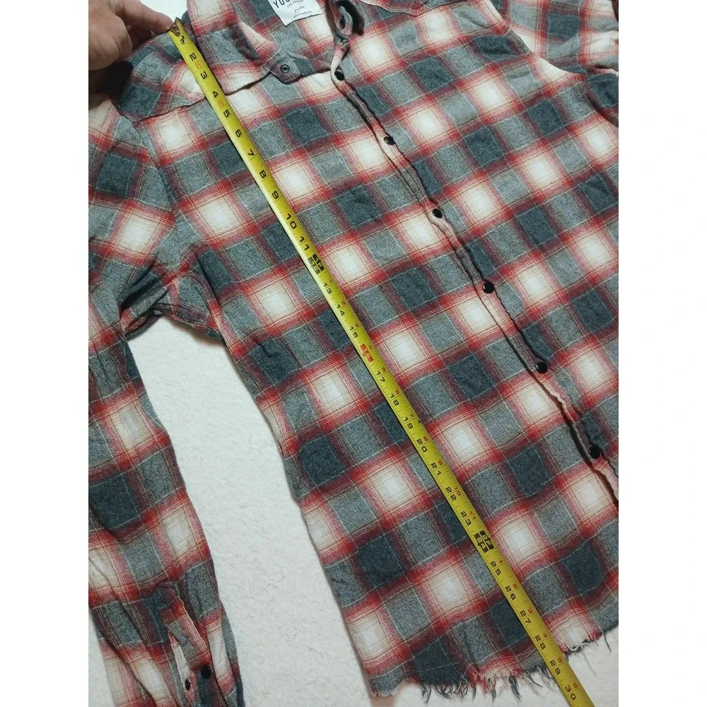 Young LA Men's XL Flannel Shirt Red Grey Plaid Distressed Raw Hem Snap Button